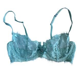 36C Y2K VTG Victorias Secret Aqua Sheer Lace Bra 2004 Eyelash Trim Coquette Sexy